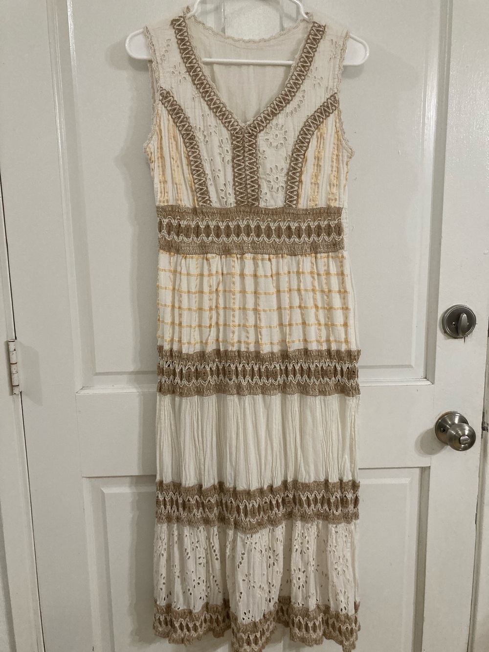 Cream and Tan Sleeveless Maxi Dress